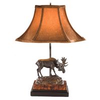 Bronze Moose On Rock Lamp With Linen Shade