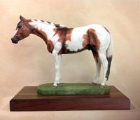 Full Body Large Size "Tobiano Paint Horse" Statue On Walnut